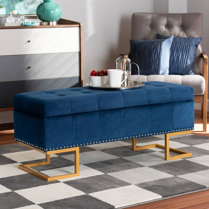Ellery Velvet Fabric Upholstered Ottoman Gold/Blue - Baxton Studio: Storage, Nailhead Trim, Wood Frame
