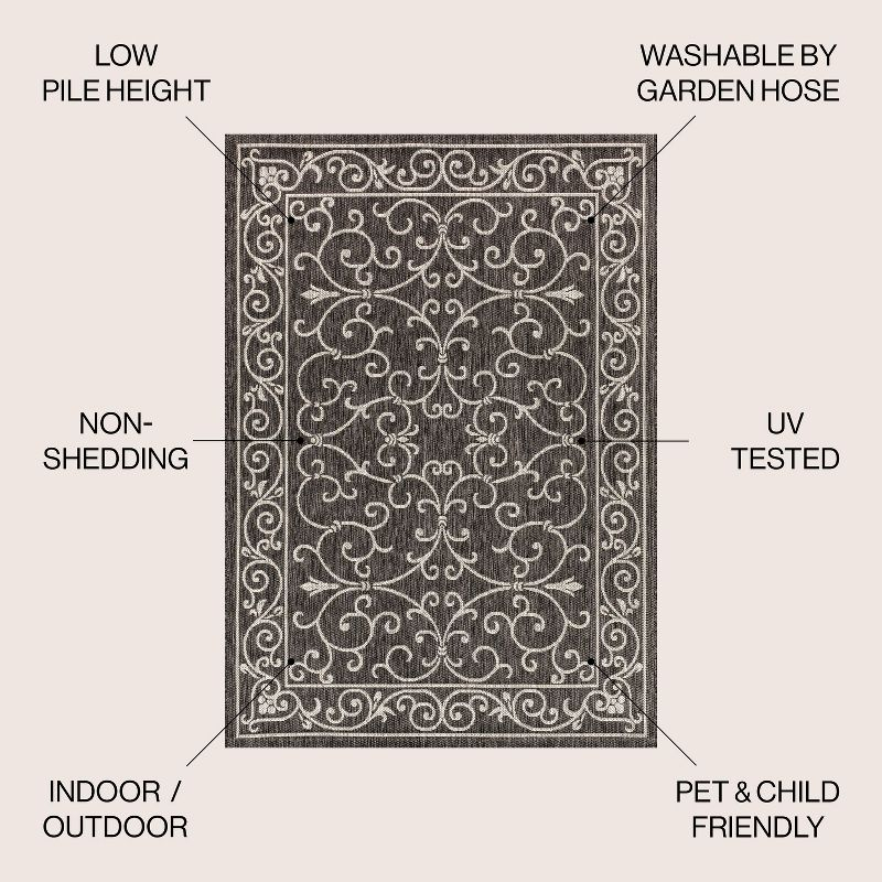 4'x6' Charleston Vintage Filigree Textured Weave Indoor/Outdoor Area Rug, Black/Gray - JONATHAN Y
