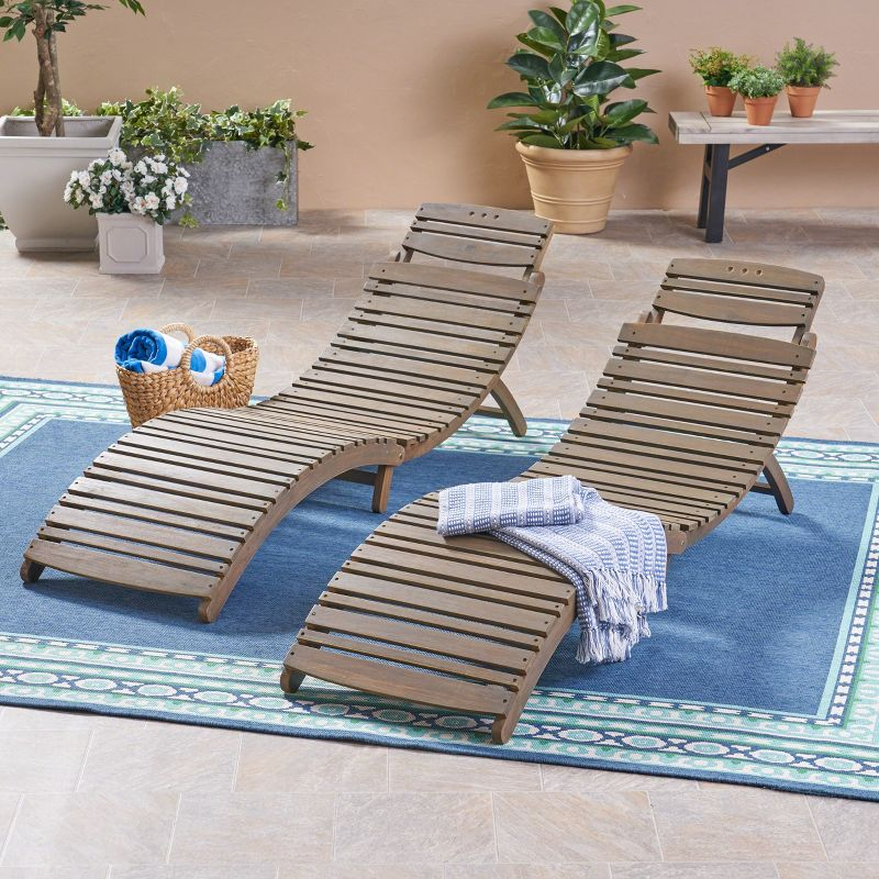 Christopher Knight Home Lisbon Outdoor Acacia Wood Folding Armless Chaise Lounge (Set of 2), Gray