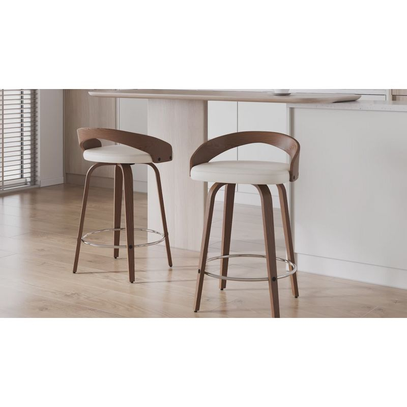 Set of 2 Grotto Upholstered Counter Height Barstools Brown/Walnut - Lumisource: Chrome Footrest, Wood Legs, Swivel Seat