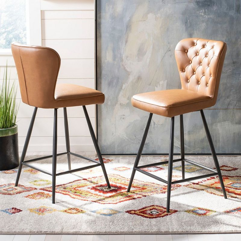 Ashby 26"H Mid-Century Modern Leather Tufted Swivel Counter Stool (Set of 2) - FOX1702 - Camel - Safavieh Couture
