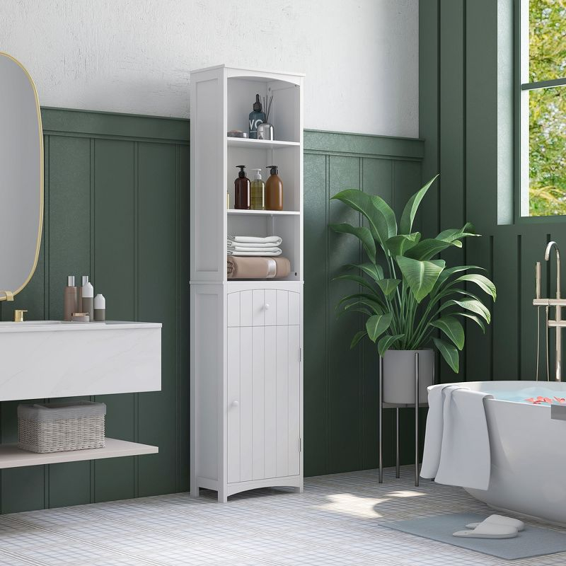 HOMCOM 67" Tall Bathroom Storage Cabinet, Freestanding Linen Tower with 3-Tier Shelf, Drawer and Cupboard, Narrow Side Floor Organizer, White