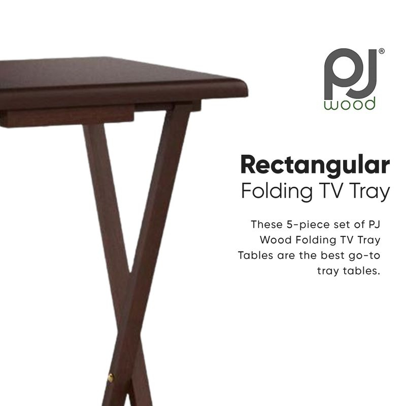 PJ Wood 19.09 x 14.57 x 26.00 Inch Folding TV Tray Tables with Compact Storage Rack, Solid Wood Construction, Walnut Brown Finish, 5 Piece Set