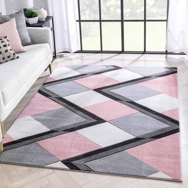 Well Woven Naya Blush Pink Modern Geometric Diamond Boxes Pattern Area Rug 5x7 (5'3" x 7'3")