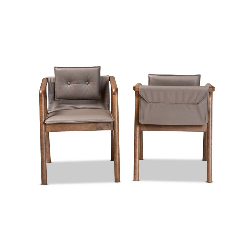 Baxton Studio 2pc Marcena Leather Upholstered and Wood Dining Chair Set Gray/Walnut Brown: Elegant Button-Tufted, Ergonomic Armrests