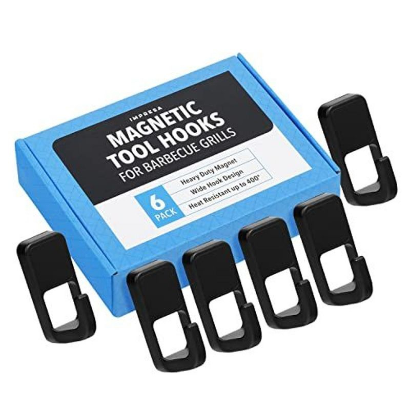 Impresa [6 Pack] Heavy Duty Magnetic Hooks for Hanging Utensils on Your Grill - Heat Resistant Super Strong