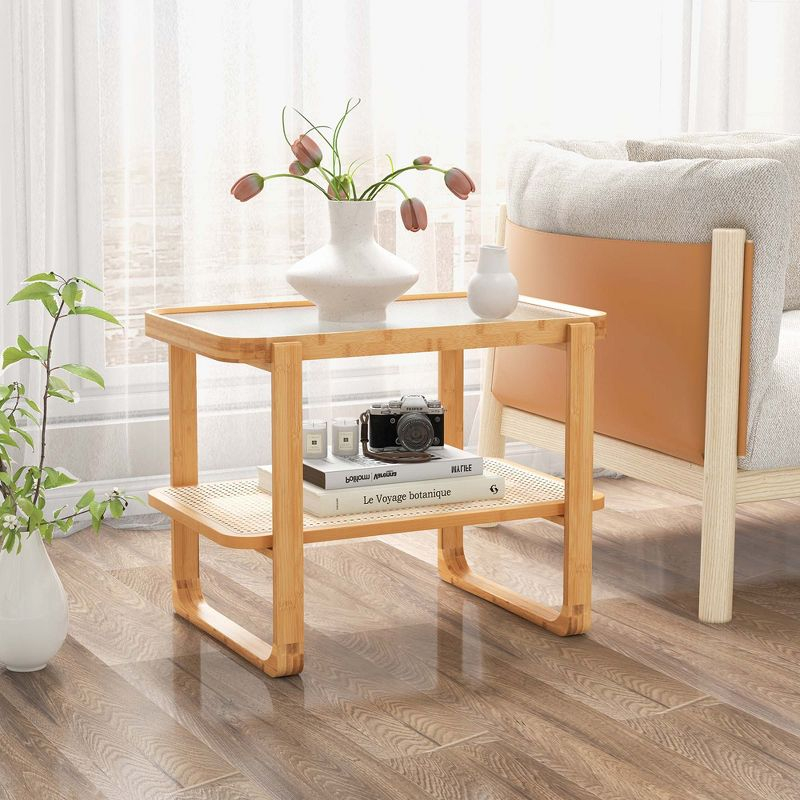 Costway 2 PCS Bamboo Side Table Rattan Shelf Glass Top Nightstand Small Sofa End Table