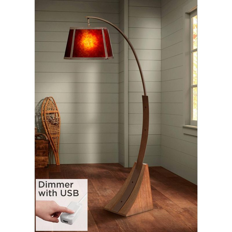 Franklin Iron Works Mission Arc Floor Lamp with USB Charging Port 66 1/2" Tall Dark Rust Amber Mica Shade for Living Room Reading