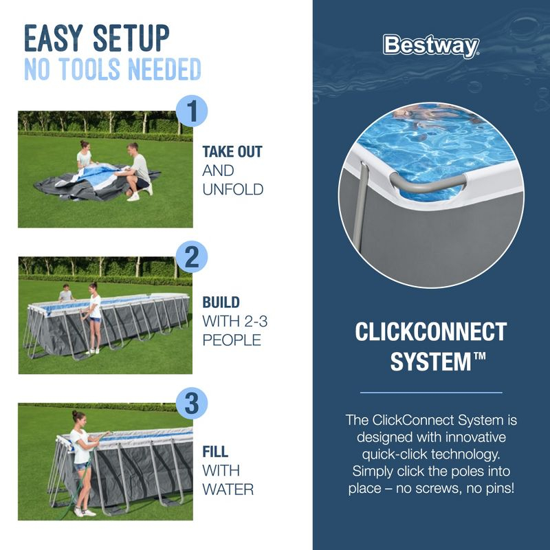 Bestway Power Steel 18' x 9' x 48" Rectangular Metal Frame Above Ground Swimming Pool Set with 1,500 GPH Filter Pump, Ladder, and Pool Cover