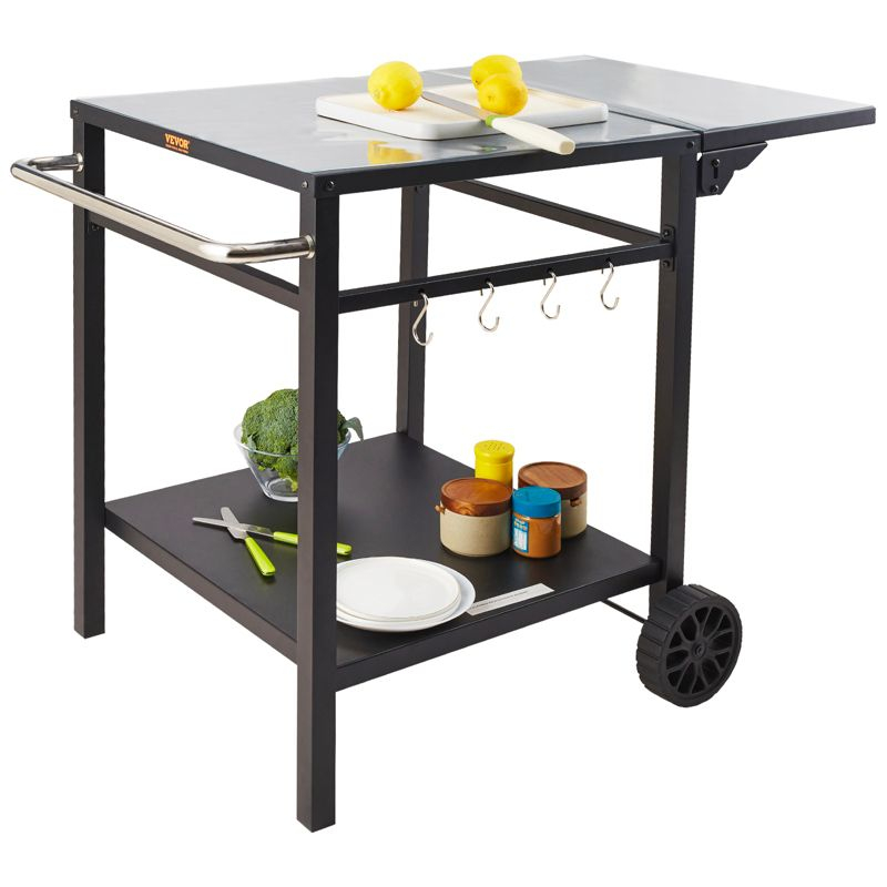 VEVOR Outdoor Grill Dining Cart with Double-Shelf, BBQ Movable Food Prep Table, Multifunctional Foldable Iron Table Top, Portable Modular Carts