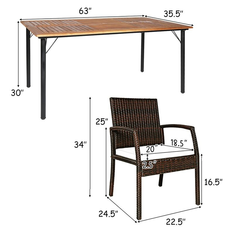 Costway 7PCS Patio Rattan Dining Chair Table Set with Cushion Umbrella Hole Turquoise