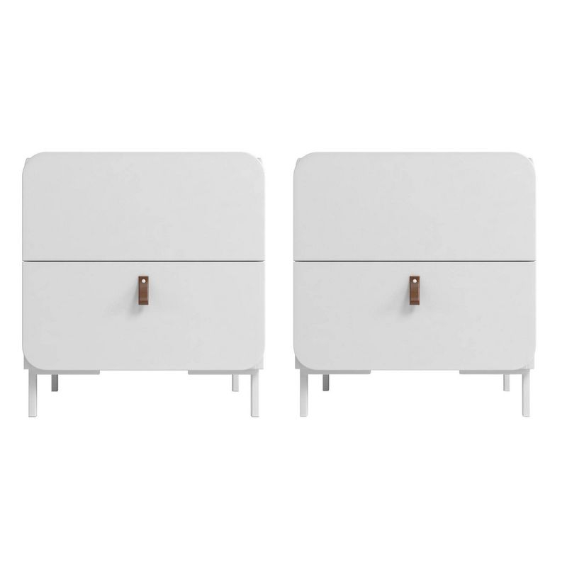 Manhattan Comfort Set of 2 Bogardus Mid Century Modern Nightstands White: Rounded Drawer, Leather Pull, Particle Board