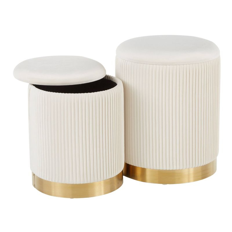 Marla Contemporary Nesting Pleated Ottoman Set Gold/Cream Velvet - LumiSource: Upholstered Storage, Metal Frame, No Assembly Required