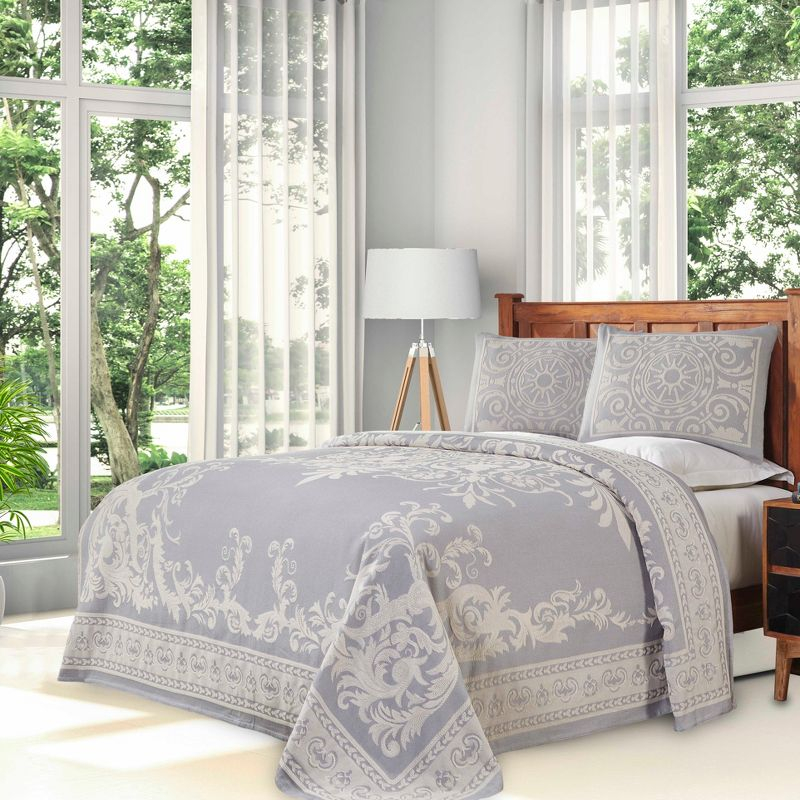 Lightweight Cotton Blend Oversized Jacquard Vintage Medallion Bedspread Set, Full, Slate Blue - Blue Nile Mills
