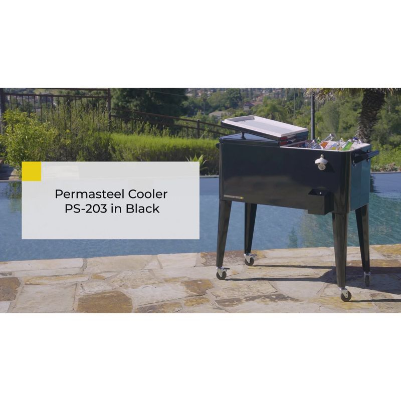 80qt Portable Rolling Patio Cooler - Black - Permasteel: Outdoor Cooler Cart with Stay Up Lid & Bottle Opener