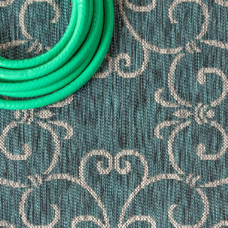 5' Square Charleston Vintage Filigree Textured Weave Indoor/Outdoor Area Rug, Teal/Gray - JONATHAN Y