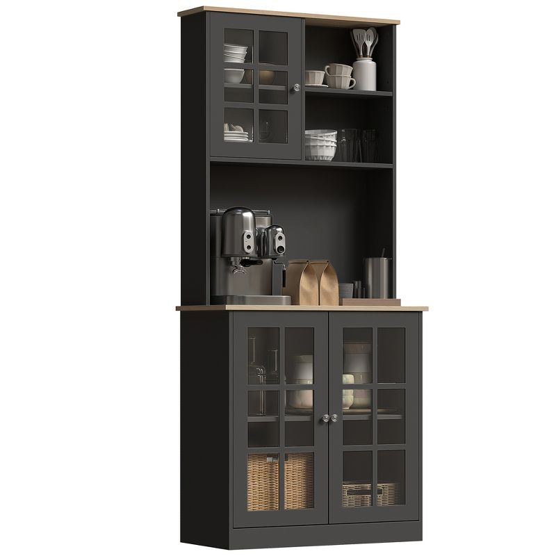 HOMCOM Kitchen Buffet with Hutch, Storage Pantry with 3 Cabinets, 2 Open Shelves and Large Countertop, Black