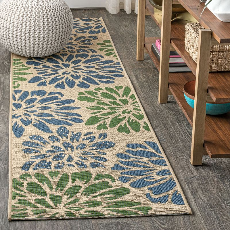 2'x8' Zinnia Modern Floral Textured Weave Indoor/Outdoor Runner Rug, Navy/Green - JONATHAN Y