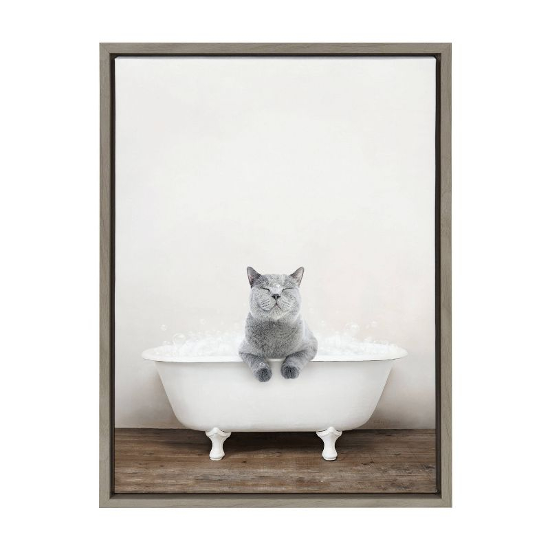 18" x 24" Sylvie Cat in Rustic Bath Framed Canvas by Amy Peterson: Bathroom Wall Art Decor - Kate & Laurel