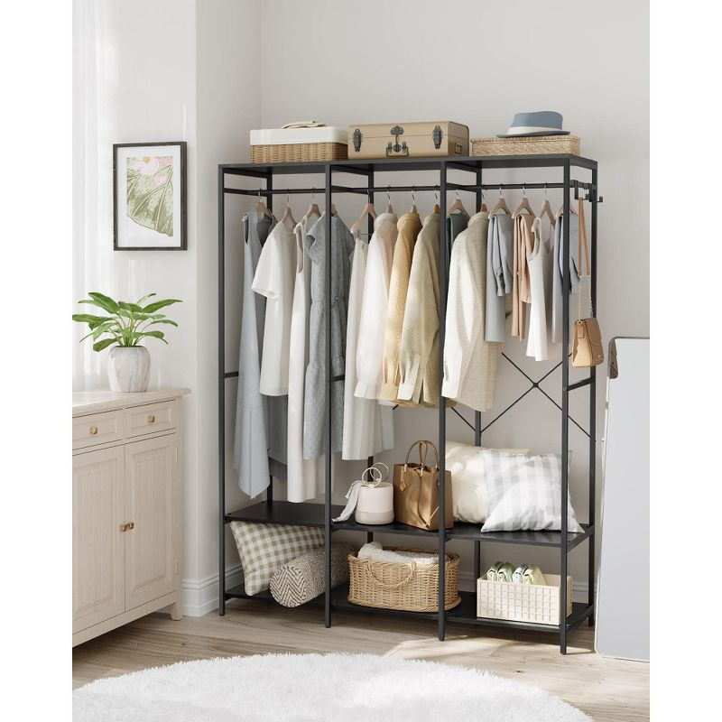 SONGMICS Clothes Rack, Iron and Wood Wardrobe Closet Organizer, Heavy Duty Garment Rack with Hanging Rods, Ebony Black