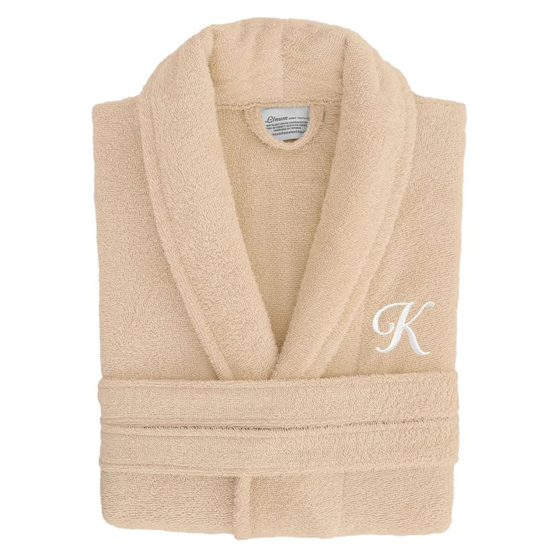 Linum Home Textiles 100% Turkish Cotton Adult Personalized Terry Bathrobe in White Script Font , Beige , Small/Medium