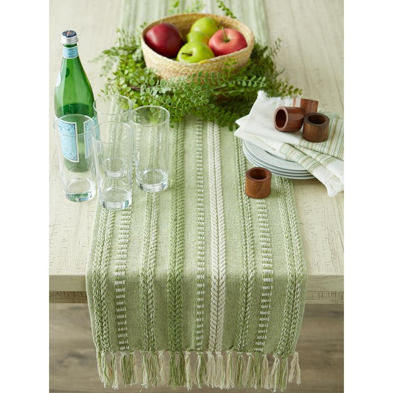 Design Imports  Braided Stripe Jacquard Fringe Table Runner, 15X108", Antique Green