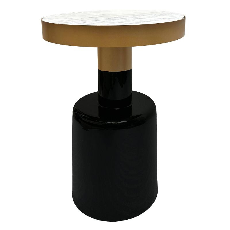 The Urban Port 20" Round Side End Table Gold Banded Natural White Marble Top Black Enamel Coated Iron Pedestal Base White/Gold