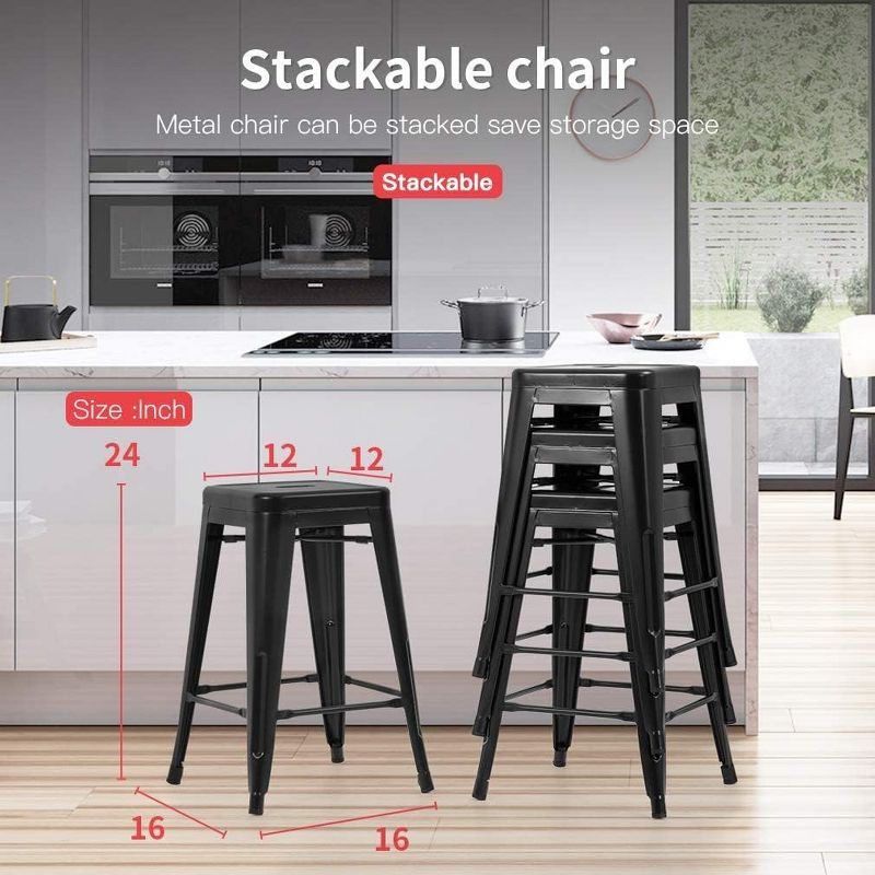 FDW Metal Bar Stools Set of 4 Counter Height Barstool Stackable Barstools 24 Inch Indoor Outdoor Patio Bar Stool Home Kitchen Dining Stool ,Black