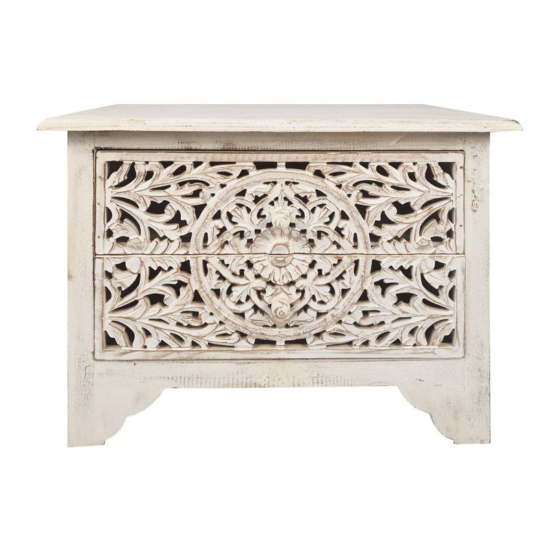 The Urban Port 24" Handcrafted Mango Wood Nightstand Side Table 2 Drawers Floral Carved Cut Out Design Antique White