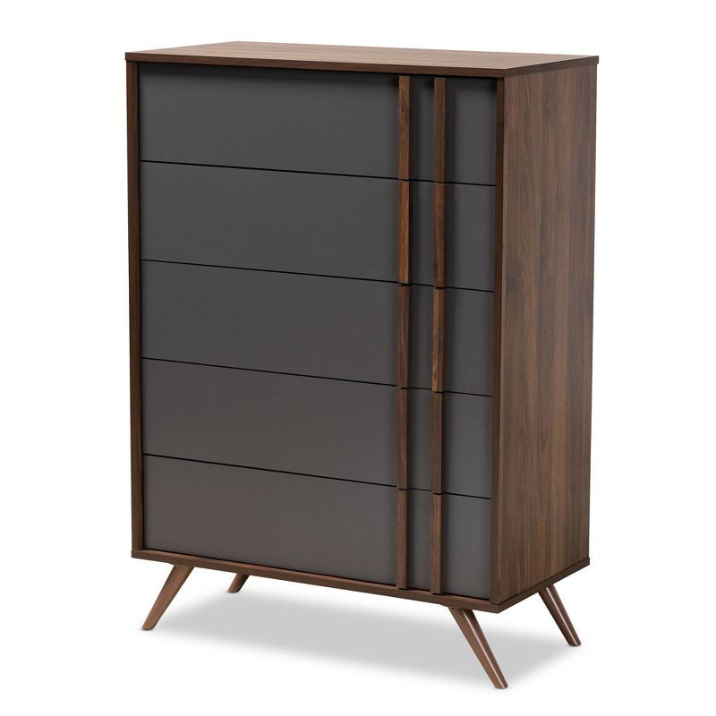 5 Drawer Naoki Wood Bedroom Chest Gray/Walnut - Baxton Studio: Modern Storage, Splayed Legs
