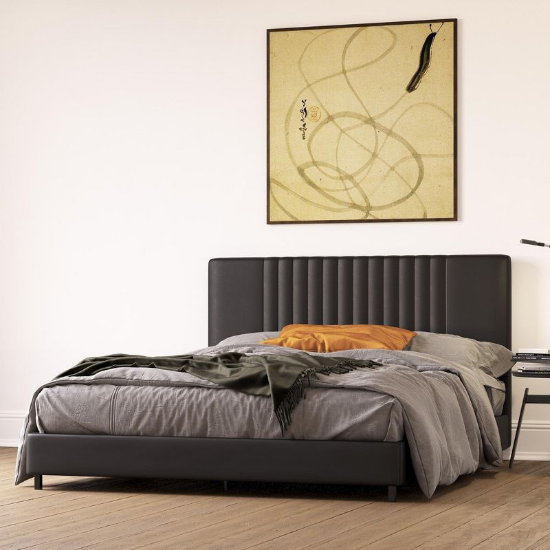 RealRooms Rio Faux Leather Upholstered Platform Bed with Tufted Headboard, Queen, Black