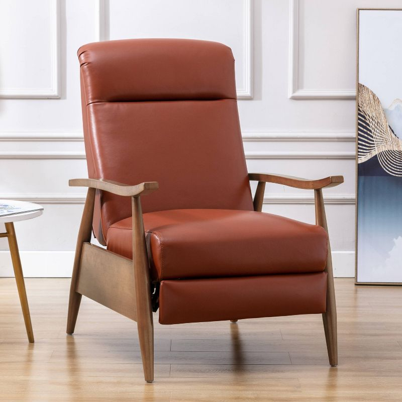 Comfort Pointe Fairview Press-Back Recliner: Top-Grain Leather, Mid-Century Modern, Wood Arms