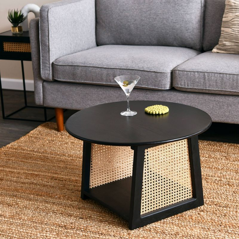 Storied Home Mango Wood and Cane Coffee Table with Shelf Black: Round, Modern, 25.75" Diameter