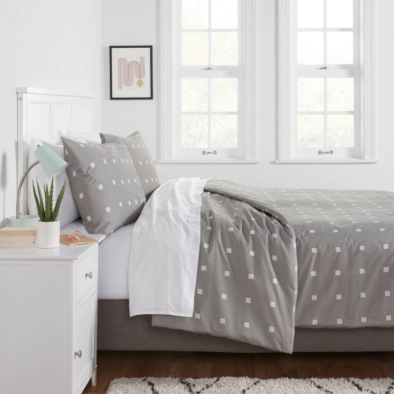 Twin/Twin Extra Long Printed Cotton Blend Sateen Duvet Cover and Sham Set Light Gray/White Dot - Room Essentials™: Essential Bedding for College