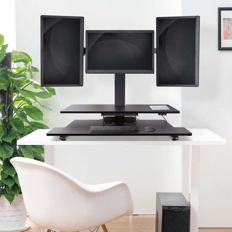 Techtonic Electric 3 Arm Monitor Mount Standing Desk - Sit to Stand Desk Converter with Keyboard Tray – Black – Stand Steady