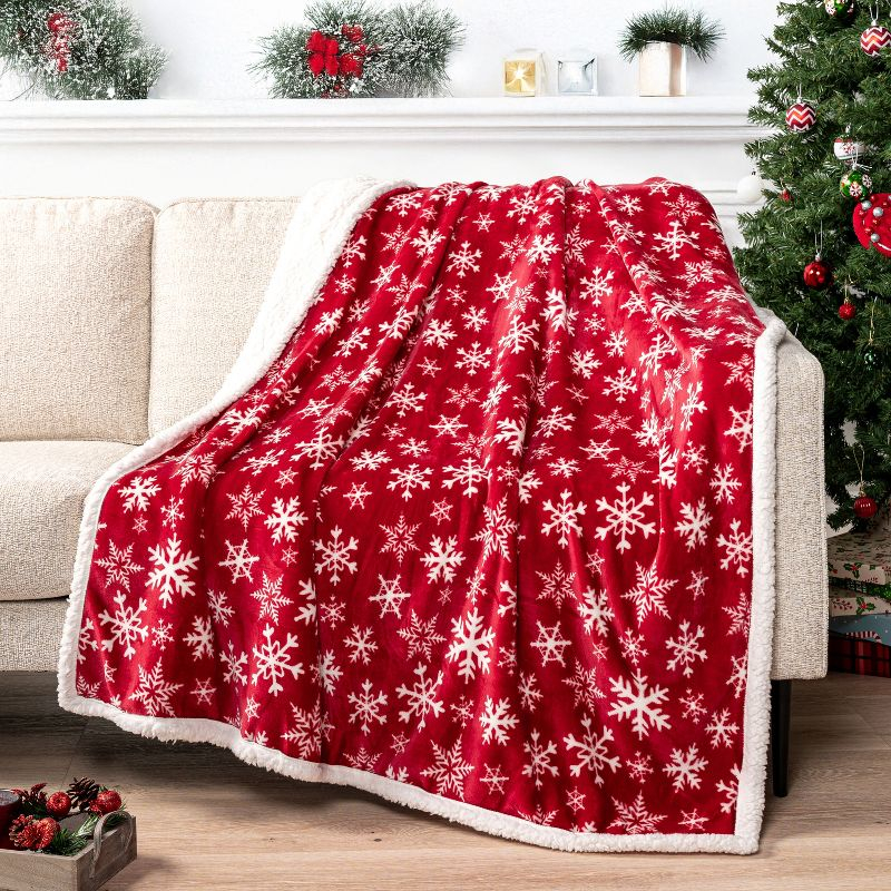 PAVILIA Soft Fleece Blanket Throw for Couch, Lightweight Plush Warm Blankets for Bed Sofa with Jacquard Pattern, Snowflake Red/Throw - 50x60