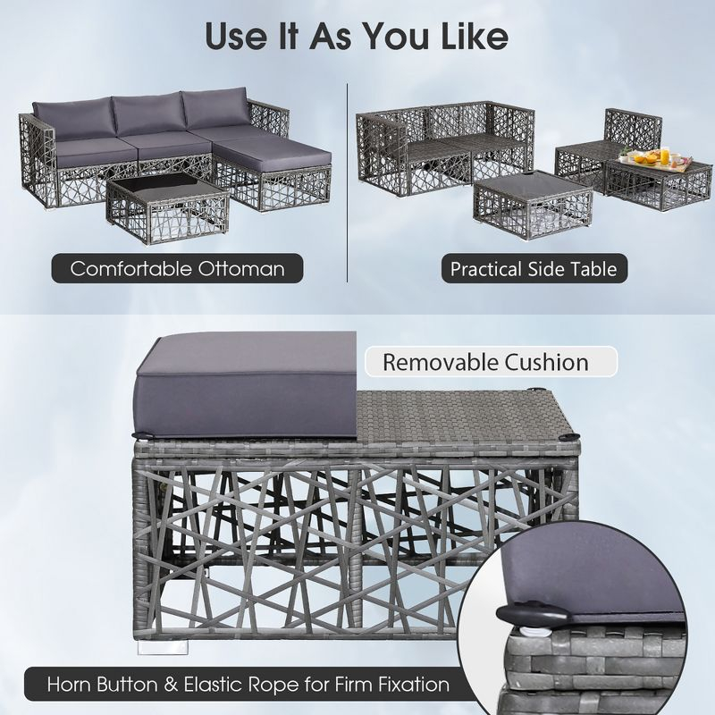 Costway 5 Pieces Patio PE Rattan Wicker Sofa Furniture Set Cushioned  Outdoor Grey