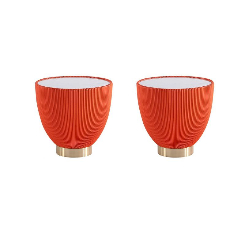 Manhattan Comfort Set of 2 Anderson Leatherette End Tables with Faux Marble Tabletop Orange: Modern Round Side Tables