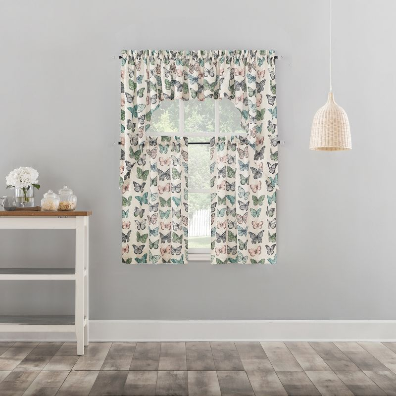 2pc 56"x36" No. 918 Sheer Magdalena Butterfly Print Rod Pocket Kitchen Curtain Tier Pair Blue: Polyester, Machine Washable