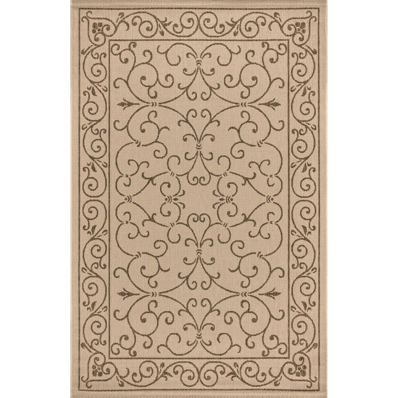 9' X 12' Charleston Vintage Filigree Textured Weave Indoor/Outdoor Area Rug, Beige/Brown - JONATHAN Y