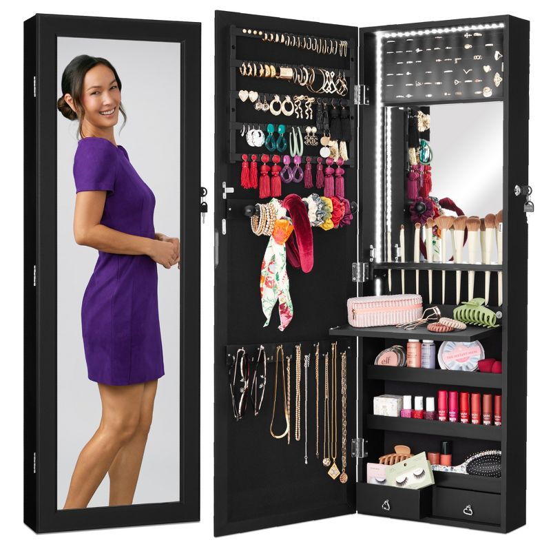 Best Choice Products Hanging Mirror Jewelry Armoire, Door or Wall Mounted Cabinet w/ LED Lights, Lock - Black