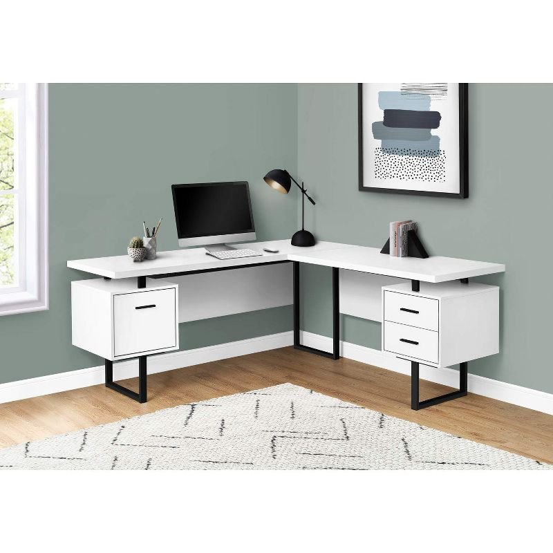 Monarch Specialties Computer Desk Home Office Corner Left Right Set-Up Storage Drawers  L Shape Metal Laminate White Black Contemporary Modern