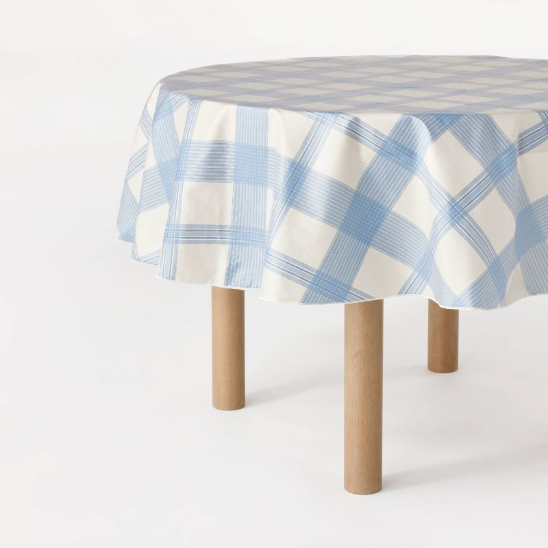70" Round Oiled Tablecloth Blue Plaid - Threshold™ designed with Studio McGee: Classic Spring Pattern, OEKO-TEX Certified