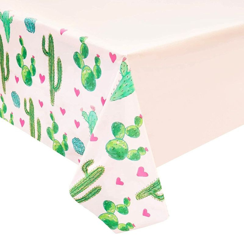 Sparkle and Bash 3 Pack Pink Plastic Cactus Tablecloth for Let's Fiesta Birthday Party Decorations, Baby Shower, 54x108 In