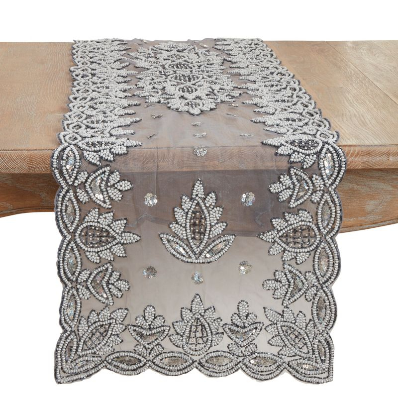 Saro Lifestyle Hand Beaded Design Runner, Pewter, 16" x 72"