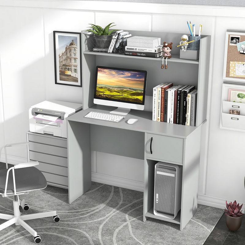Tangkula Computer Desk Home Office Desk w/ Raised Display Shelf & 2 Open Shelves Gray