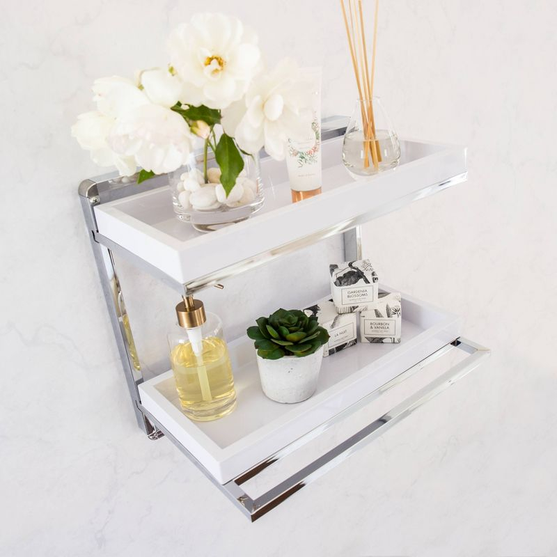 2 Tier Wall Mount Shelving Unit with Towel Rack and Trays Chrome/White - Danya B.: Modern Bathroom Storage Organizer