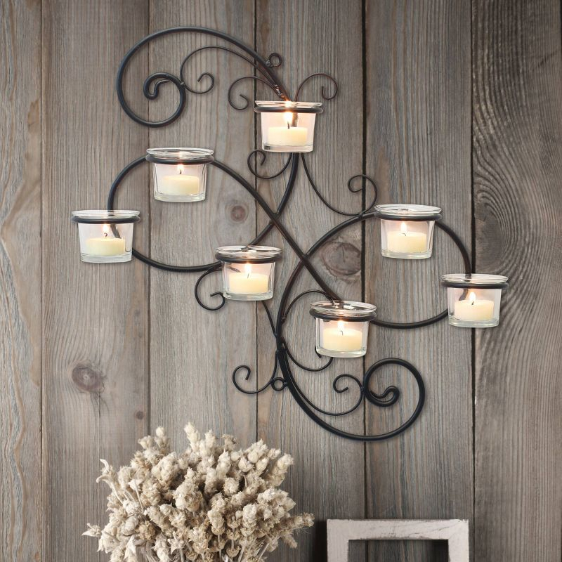 Modern Decorative Ivy Tea Light Candle Holder - Stonebriar Collection: Elegant Wall Sconce, 7 Glass Hurricanes