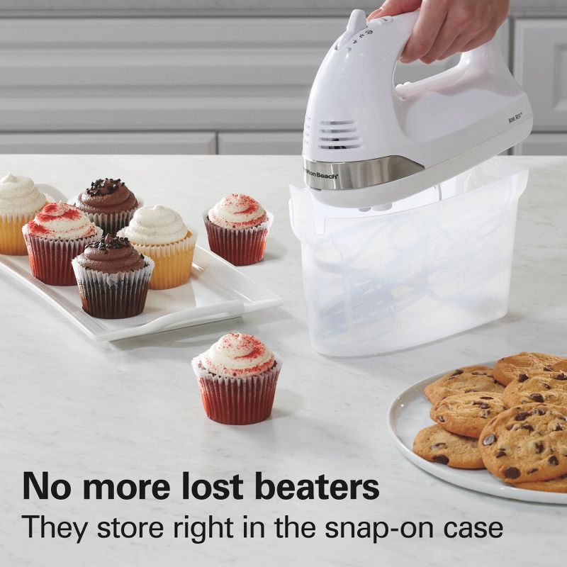Hamilton Beach 6 Speed Hand Mixer Snap-On Case White 62629: Handheld Mixer for Kitchen, 275W, Dishwasher-Safe Parts