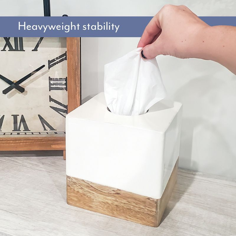 AuldHome Design Square Tissue Box Cover (Enamel/Mango Wood); Minimalist Scandinavian Decor White Cube Tissue Holder